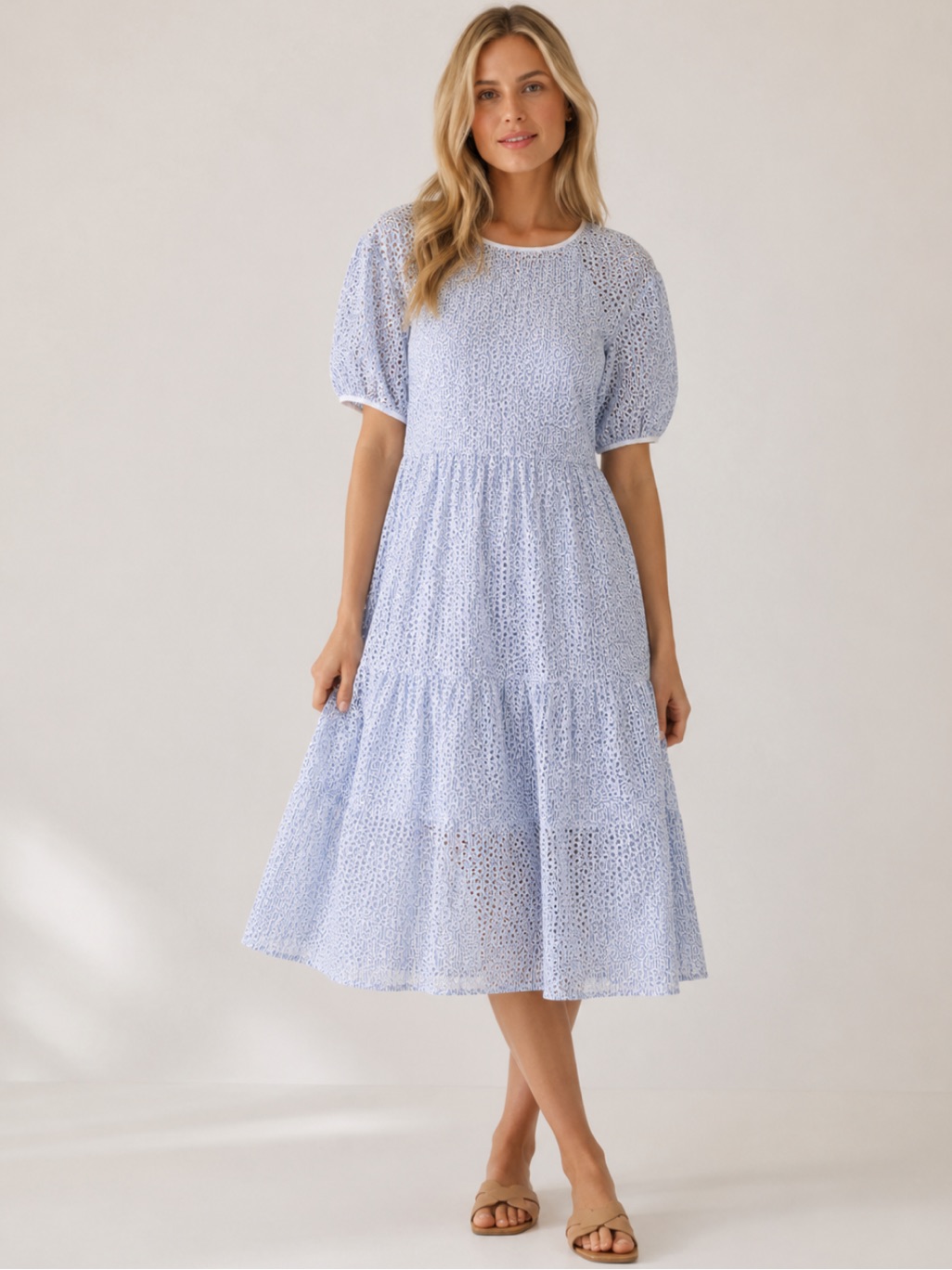 Everlane Blue White Eyelet Midi Dress Xs Puff Sleeve Tiered Cotton Summer Dress